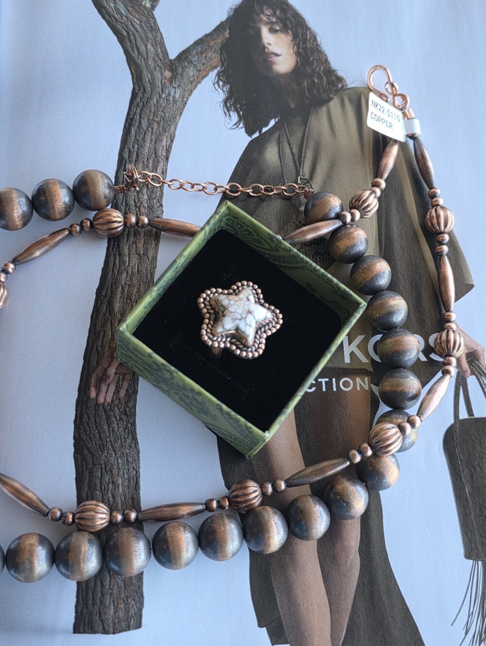 Star-Shaped White Wild HORSE Statement Ring in COPPER Adjustable 7-9
